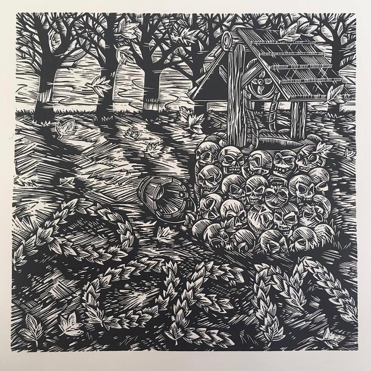 album art for poem by Jeremy Squires, woodcut of well and skulls
