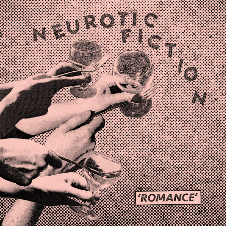 neurotic fiction romance, collage showing several hands holding out drinks in glasses