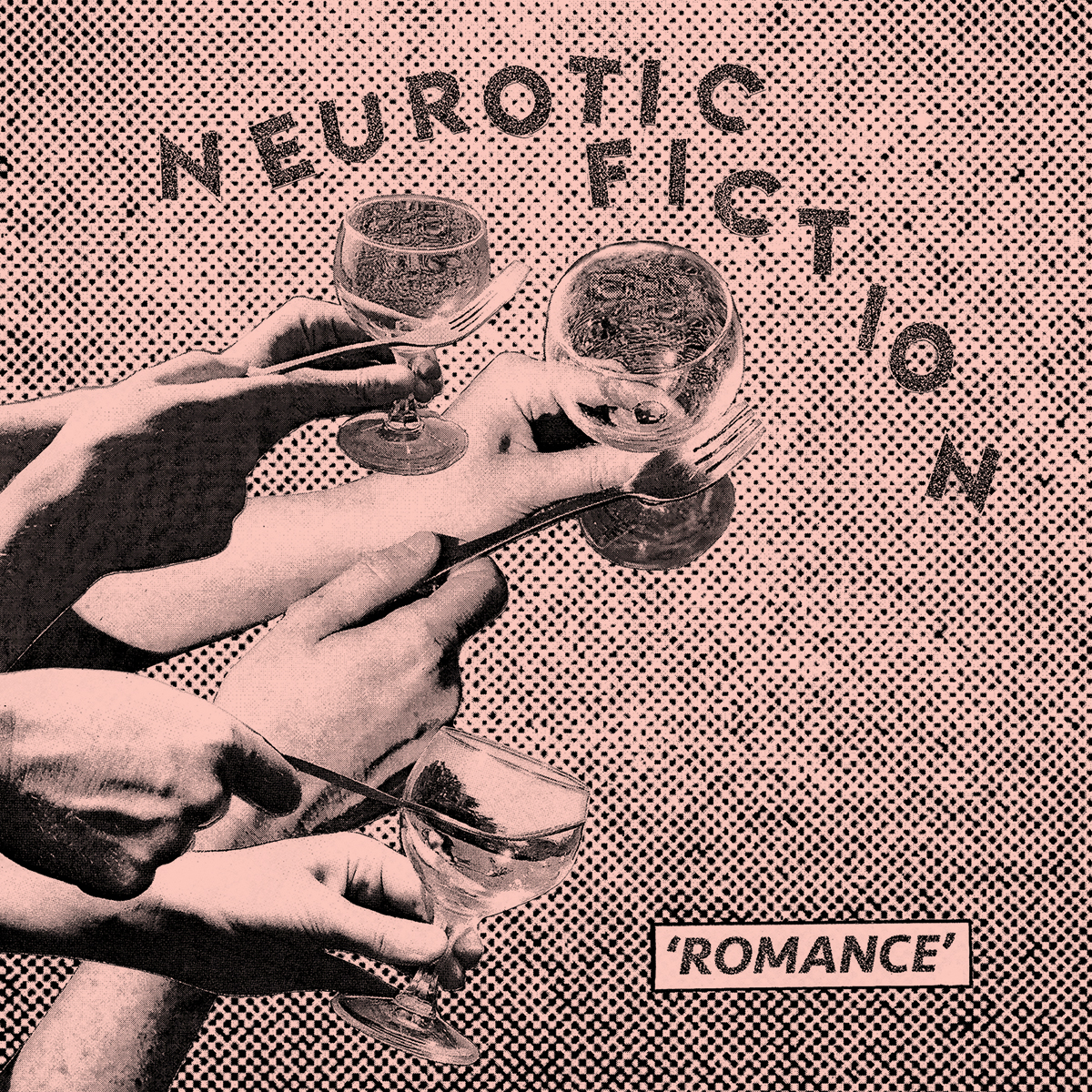 neurotic fiction romance, collage showing several hands holding out drinks in glasses