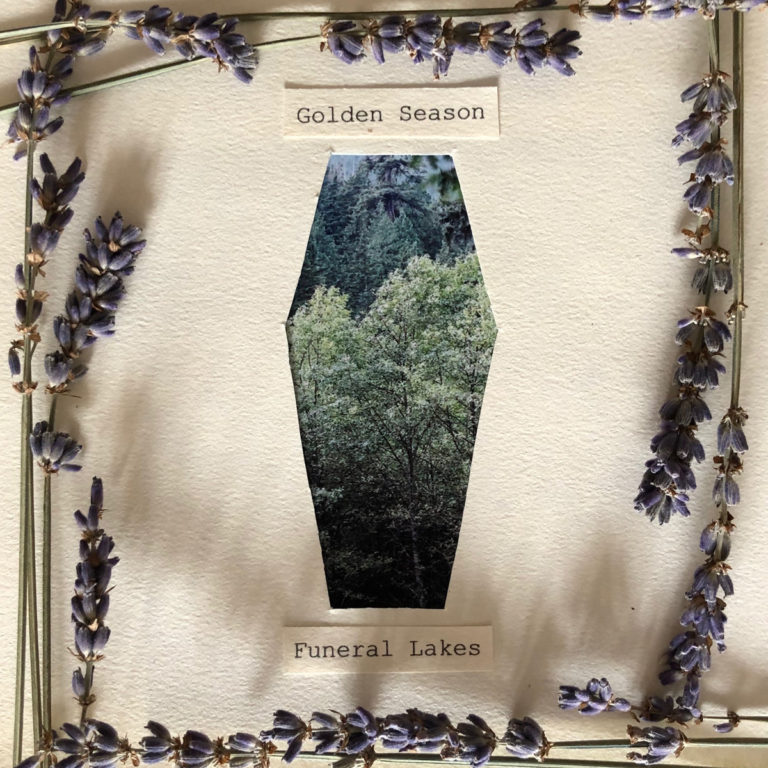funeral lakes golden season album art, collage of forest photo framed by sprigs of lavender