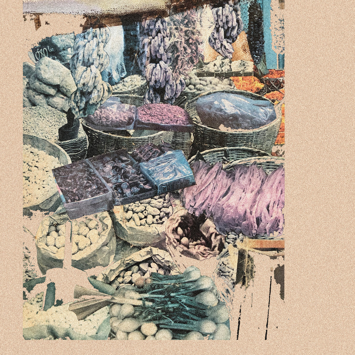 Joyer Sun Into Flies album art, washed out photograph of a market stall