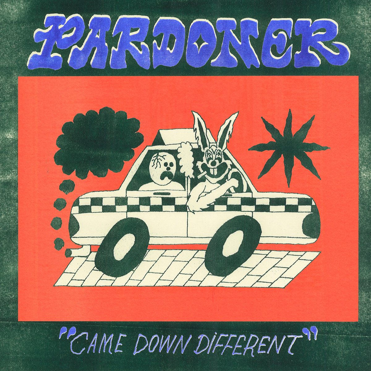 pardoner came down different album art, drawing of a cartoon rabbit driving a taxi