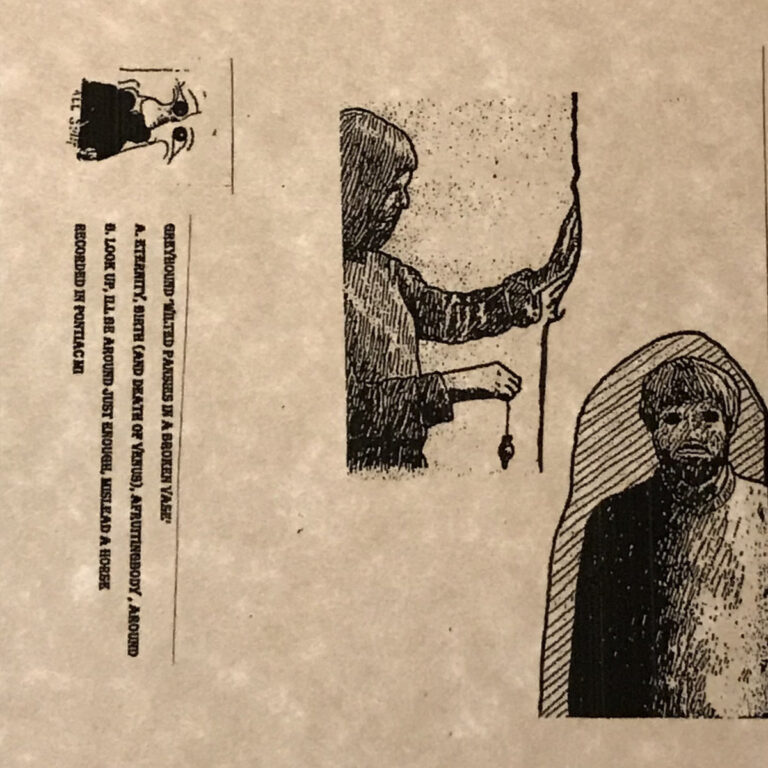 greyhound Wilted Pansies In A Broken Vase artwork - line drawing of two strange figures
