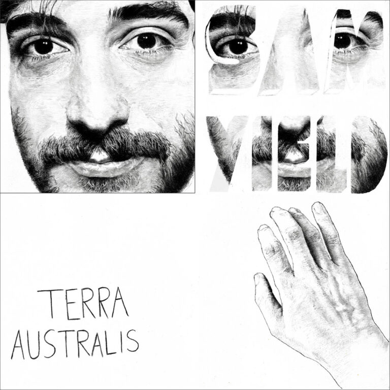 sam yield terra australis album cover - black and white photo of sam's face on a white background