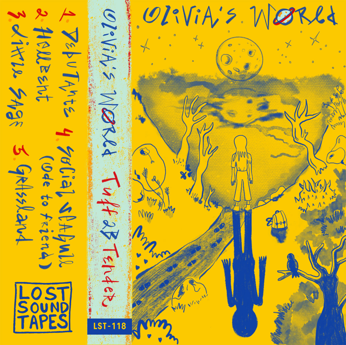 Olivia's World tuff 2b tender - blue drawings on yellow background