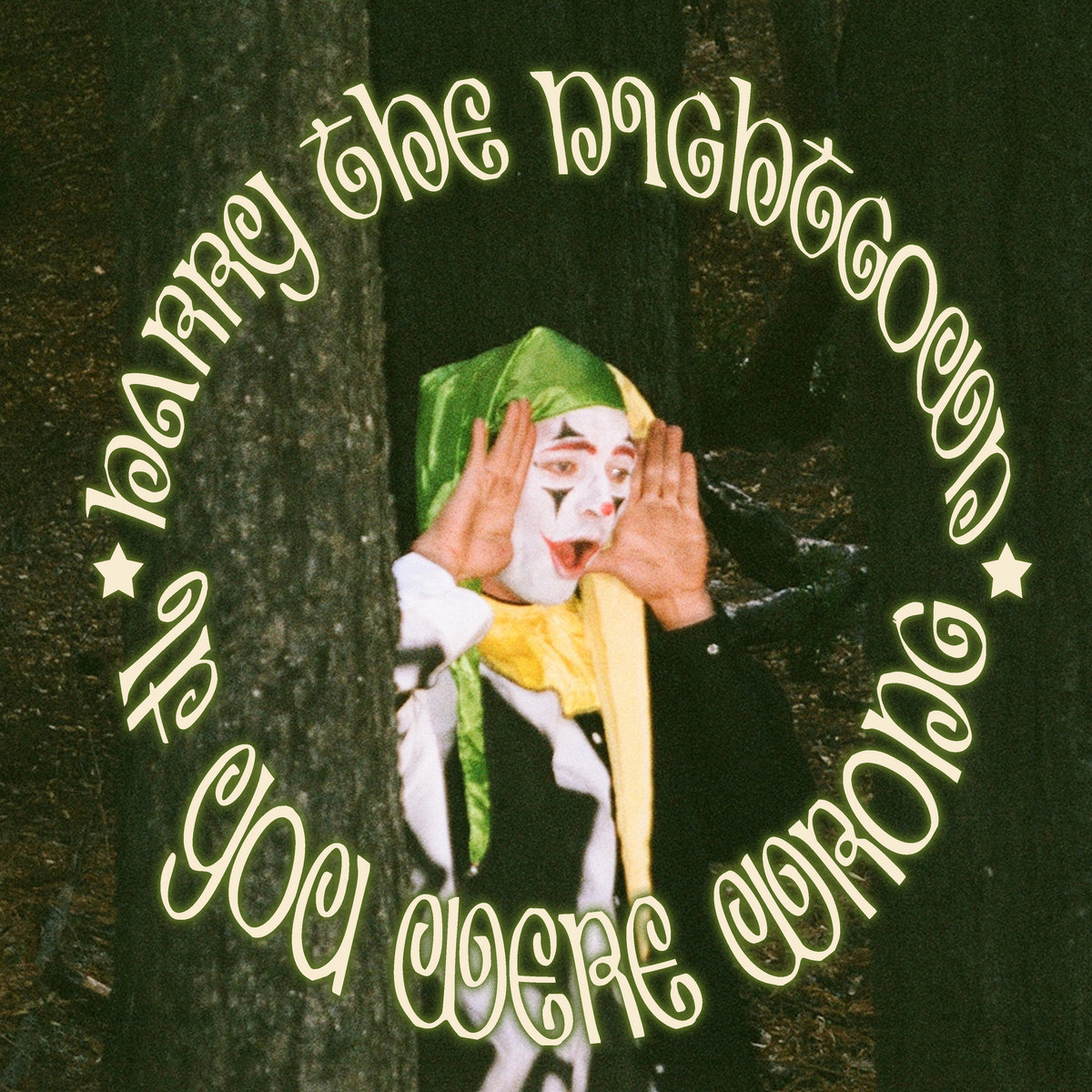 harry the nightgown if you were wrong album art - photo of a clown looking from behind a tree
