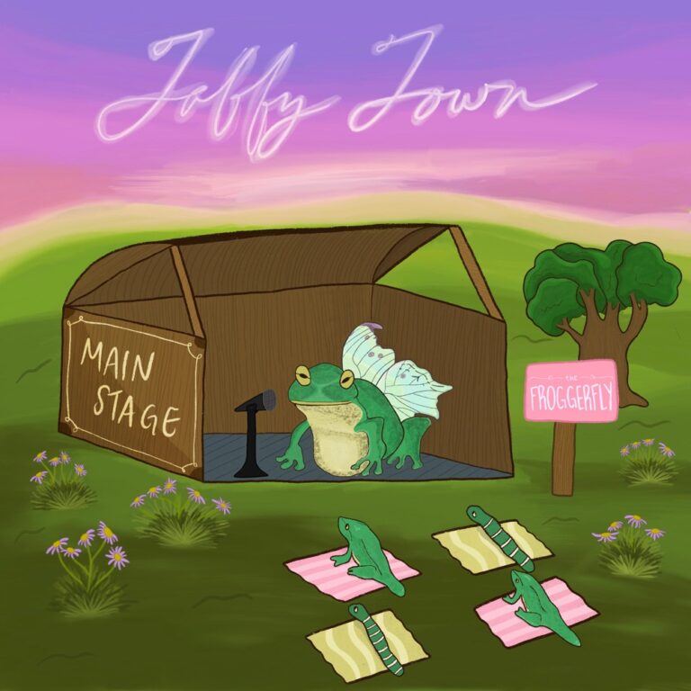 jourdann taffy town album cover - cartoon of a frog singing on a stage