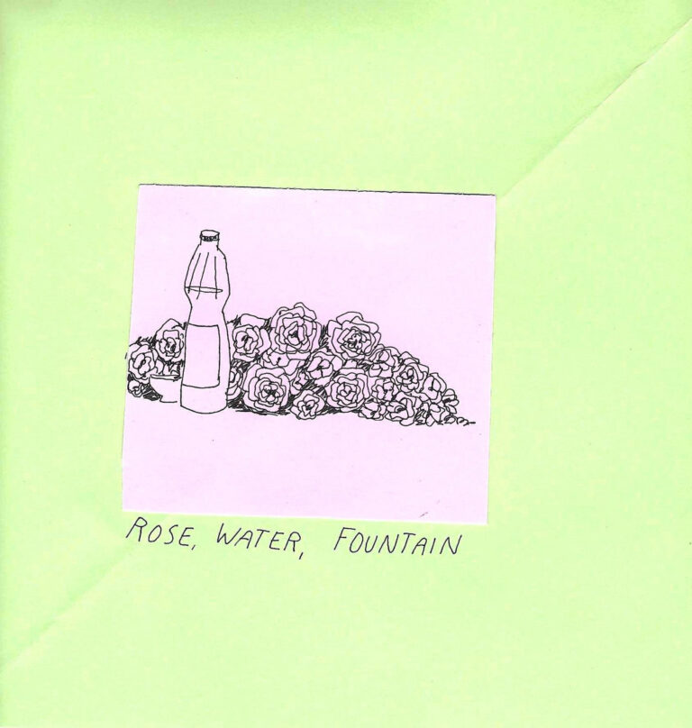 rose water fountain self titled EP cover - line drawing of a bottle and flowers on a pink square, stuck to a lime green background