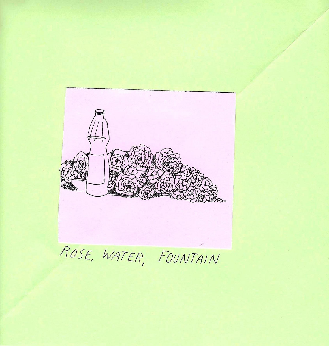 rose water fountain self titled EP cover - line drawing of a bottle and flowers on a pink square, stuck to a lime green background