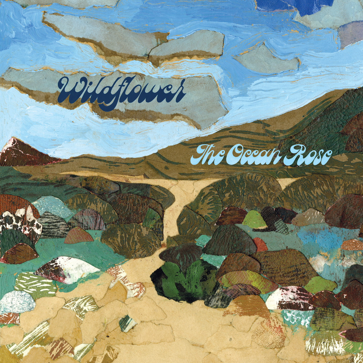 wildflower the ocean rose album cover - a collage of a beach scene with rock pools and distant hills
