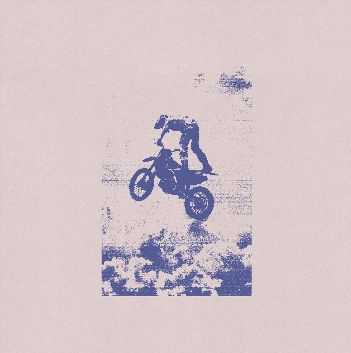 old saw country tropics album art, blue-tinged photo of a person doing as jump on a motorbike