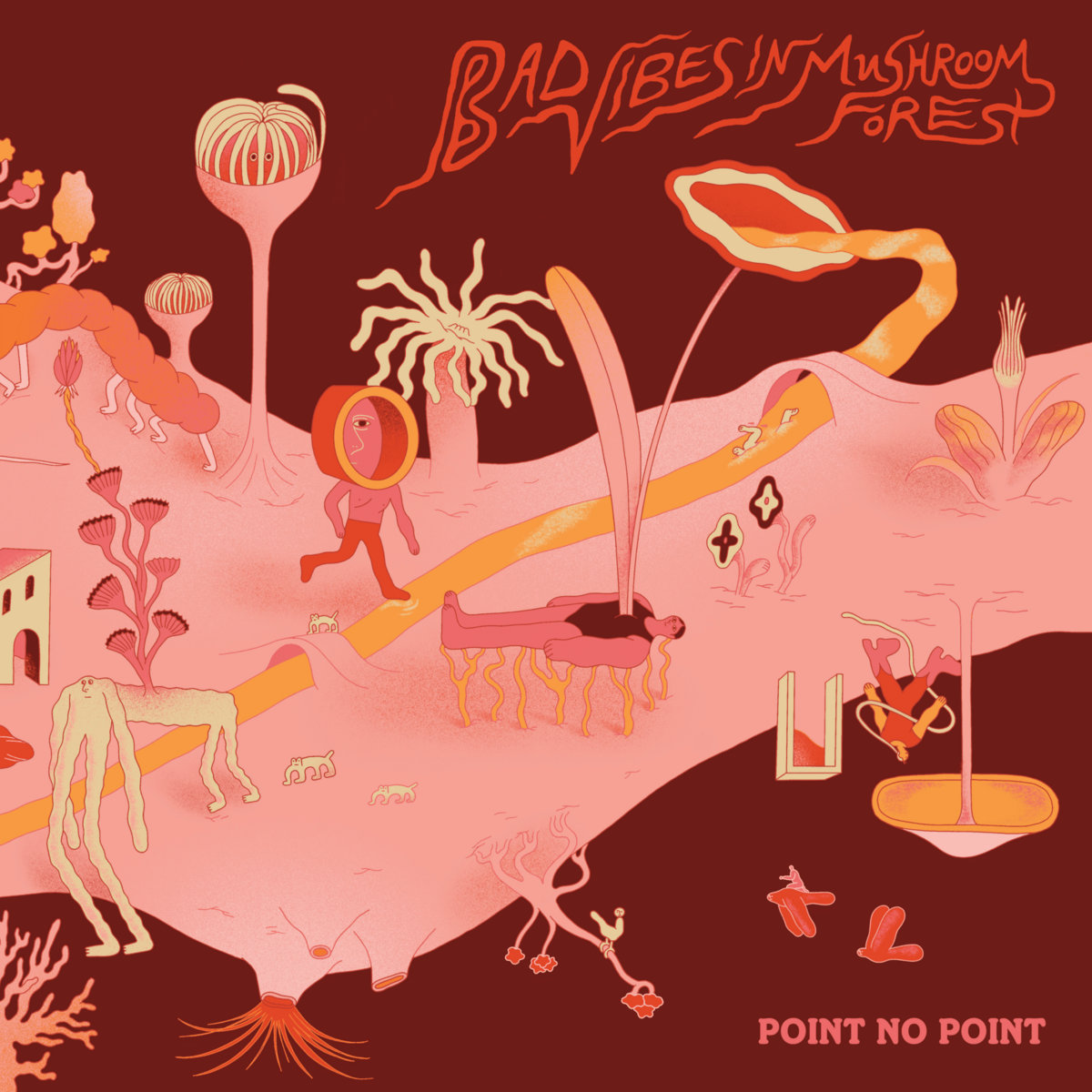 point no point bad vibes mushroom forest - surreal illustration showing fungi-like characters in pinks and oranges