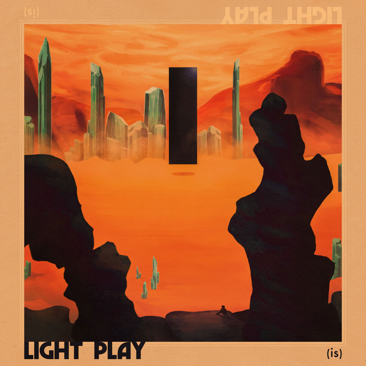 Light Play by (is) cover art - illustration of a strange futuristic world with orange mist and a black obelisk