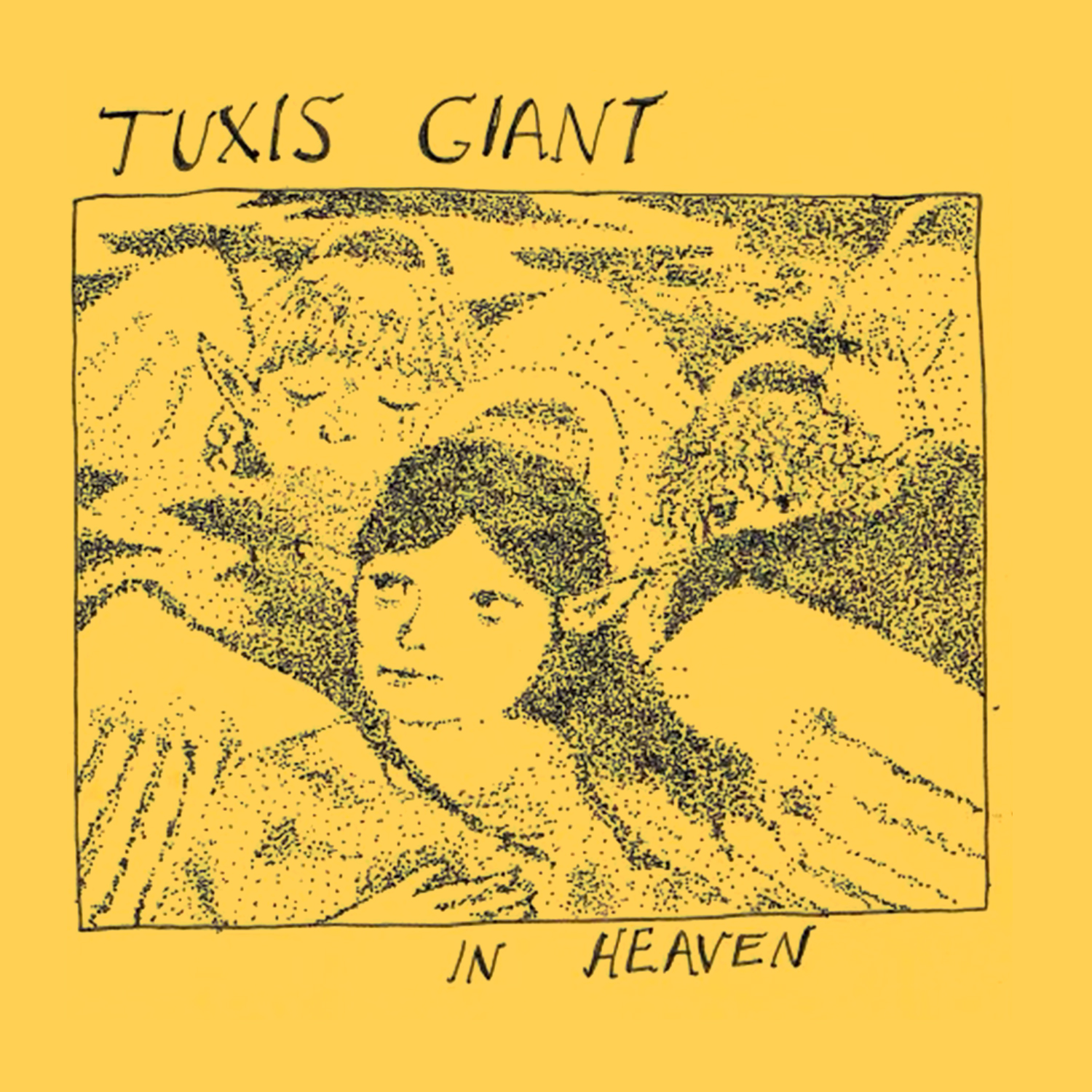 a pencil drawing on a yellow background of various androgynous angelic beings with the text Tuxis Giant, In Heaven