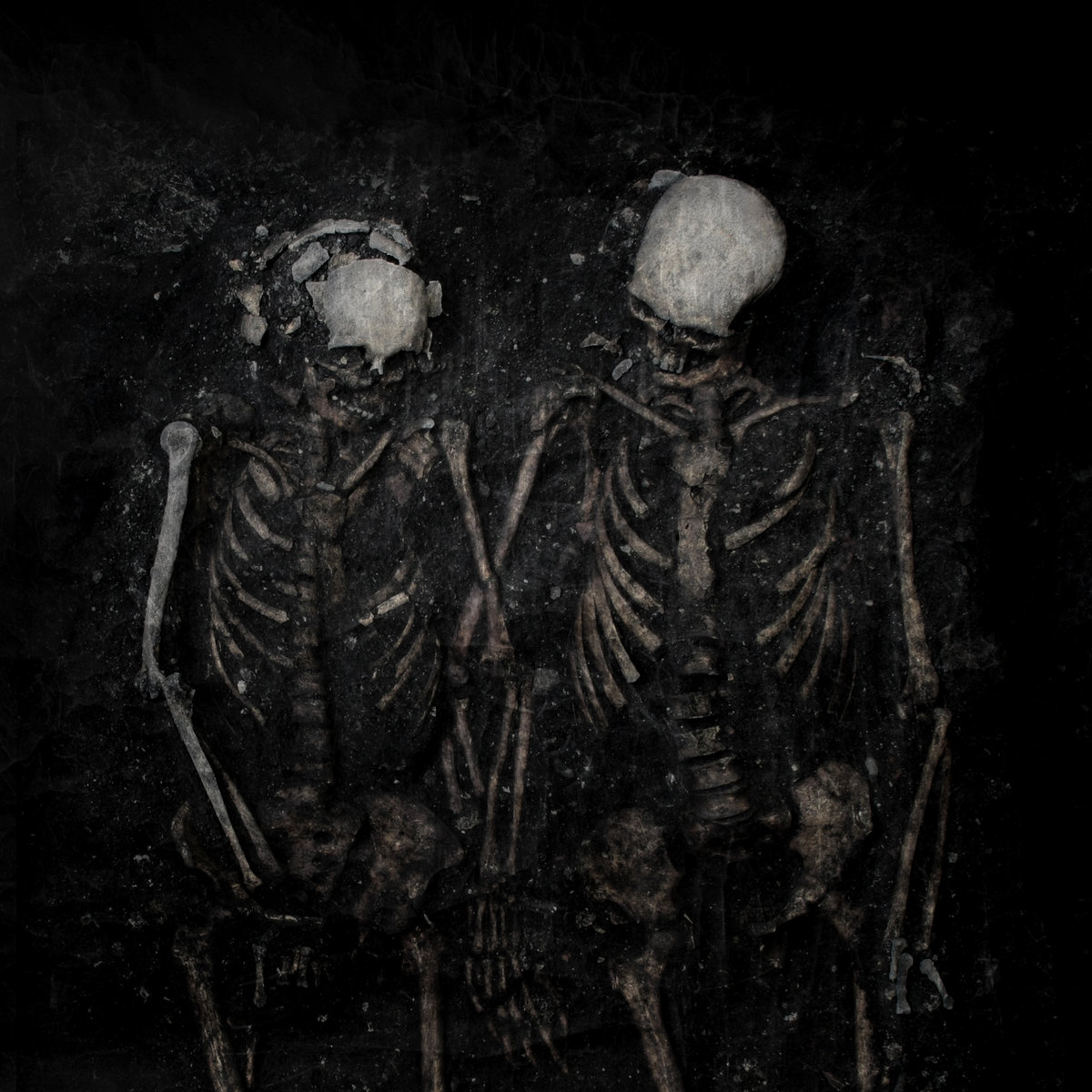 The Phonometrician coiste bodhar album art - photo of two skeletons unearthed from the ground. The picture is very dark and ominous
