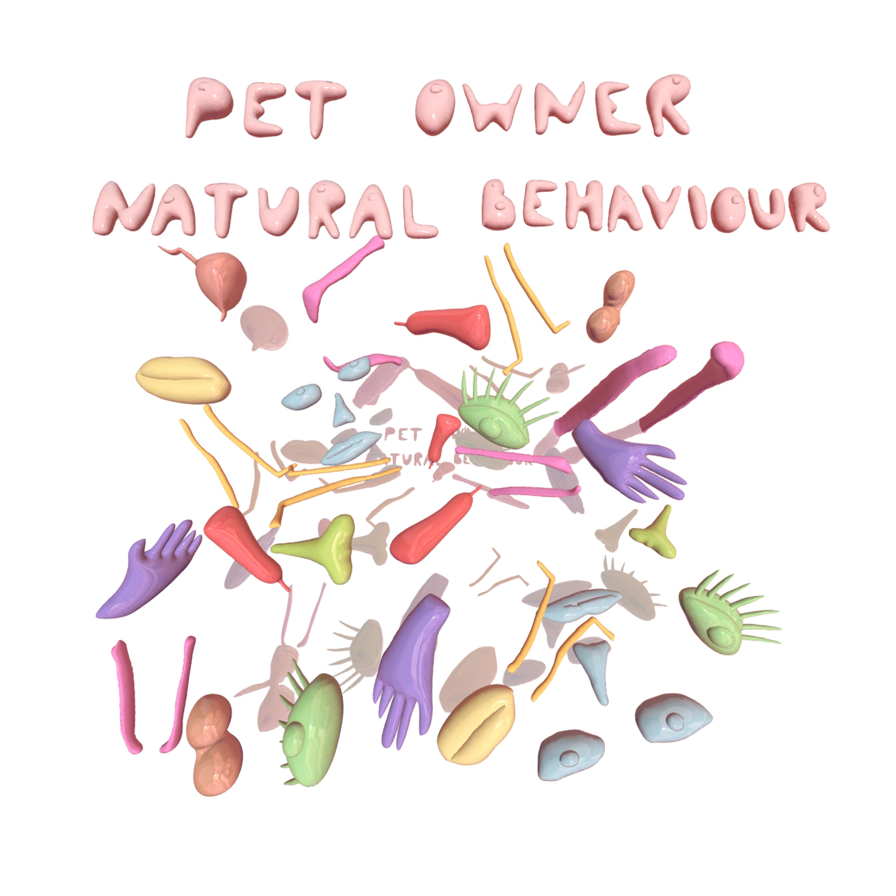 A digital style illustration of various cartoon body parts in different colours with the text Natural Behaviour by Pet Owner
