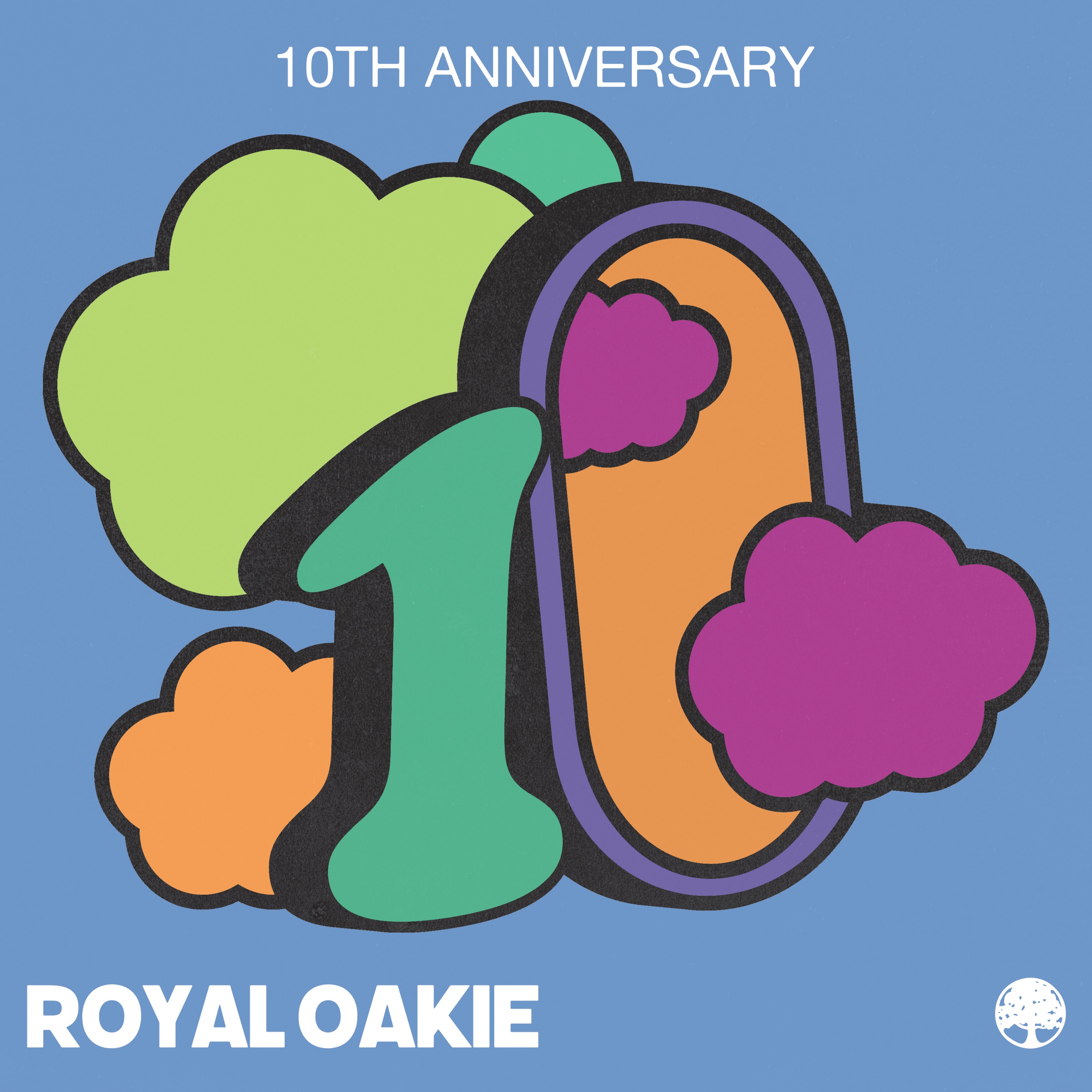 an illustration featuring coloured clouds and the number ten, with text reading 10th Anniversary, Royal Oakie