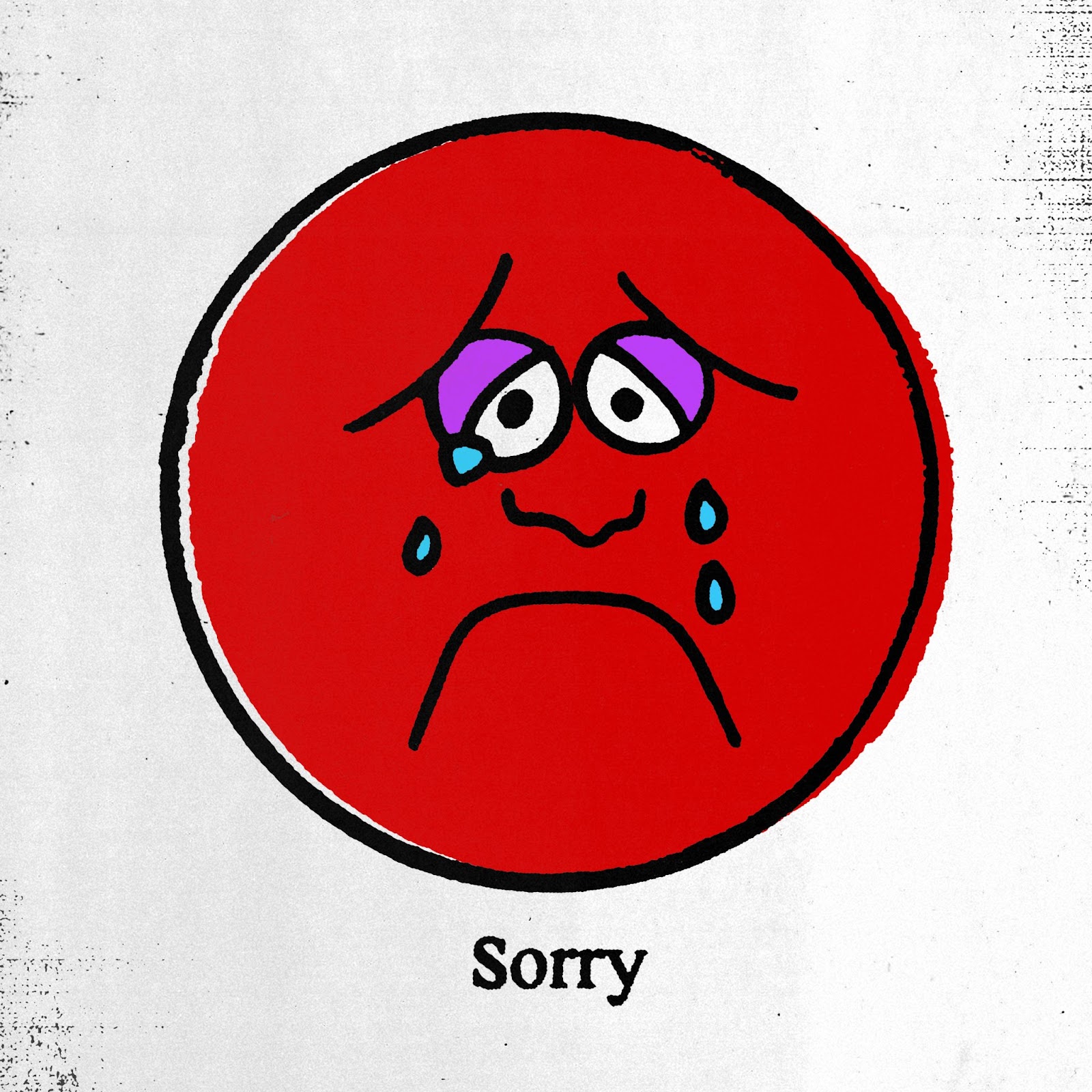 an illustration of a round, red face, frowning and crying