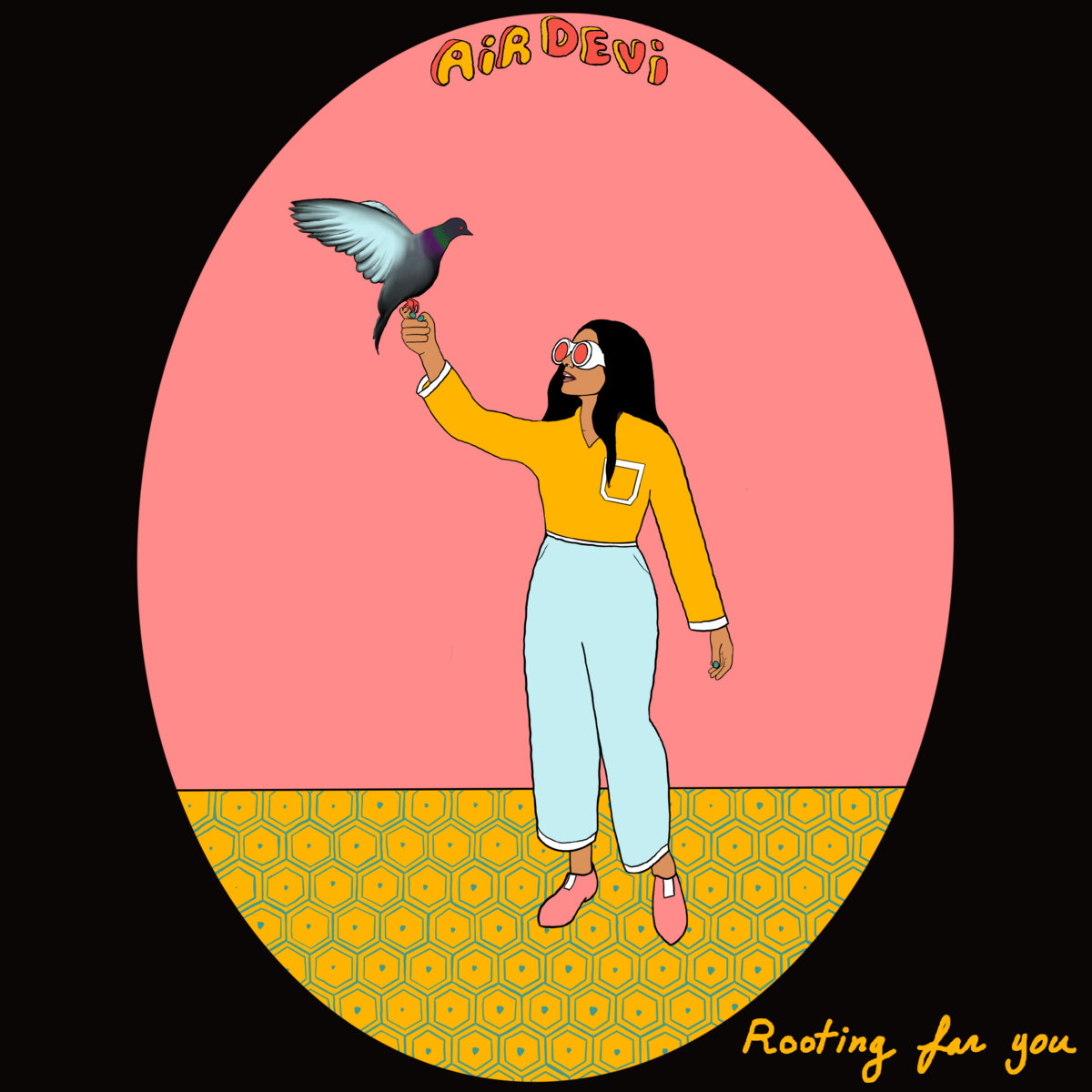 an illustration of a woman in a yellow sweater and blue trousers extending a hand toward a blue winged bird with the text Air Devi, Rooting for You