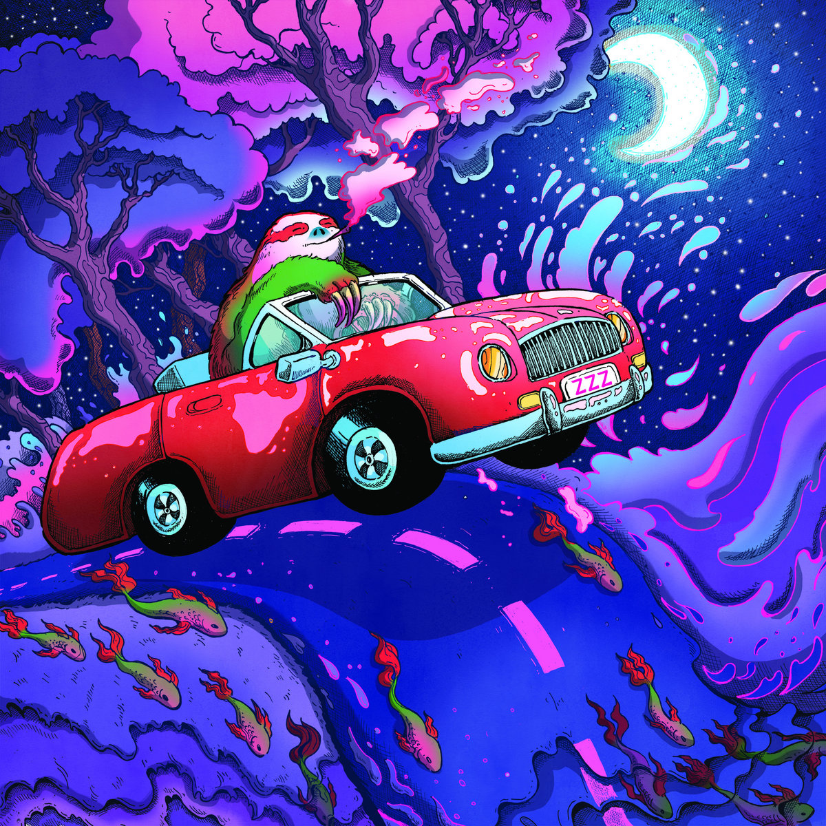 holland patent public library songs to fall asleep to album art - cartoon illustration of a sloth driving a car at night