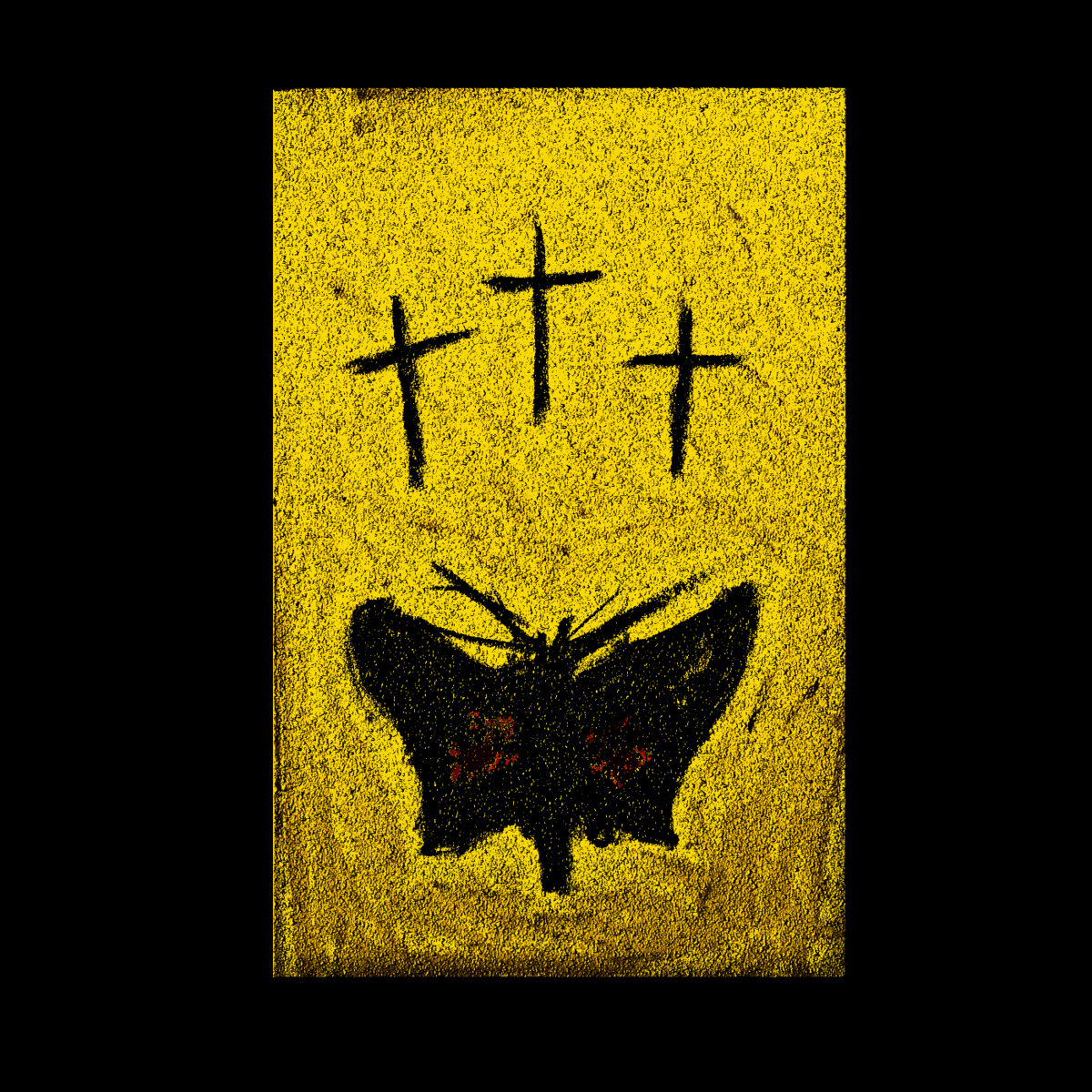 artwork for Books of Moths by Jesus is the path to heaven featuring three black crosses and a moth scratched into a yellow background