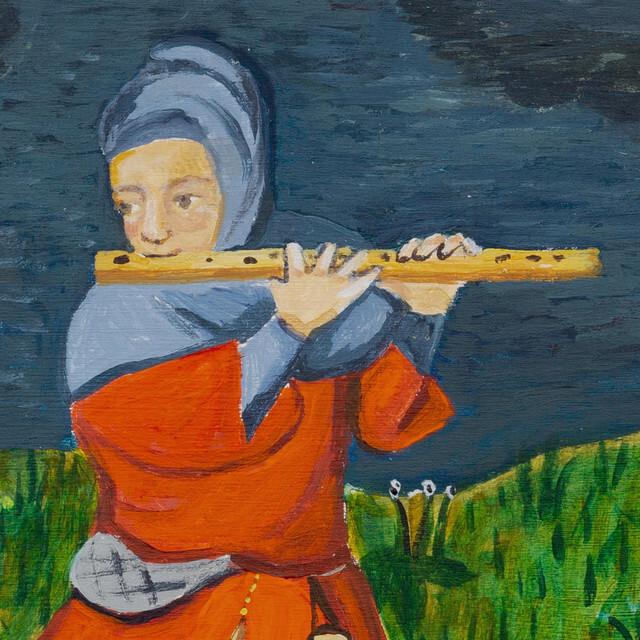 paul spring beetle on a blade album artwork - Medieval style painting of a person playing a flute