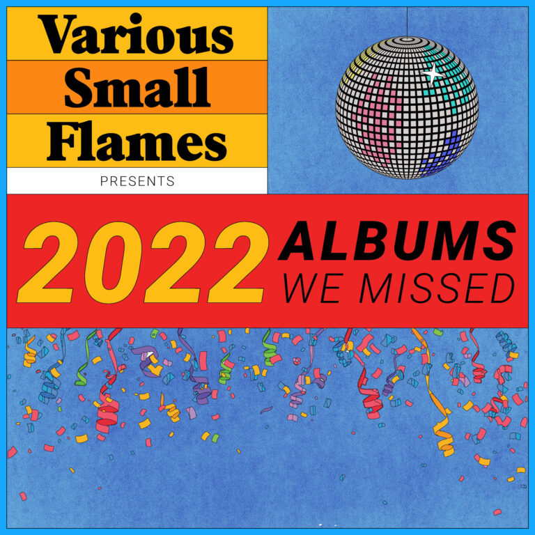 Various Small Flames Albums We Missed 2022 - illustration of a glitter ball and colourful ticker tape against a blue background