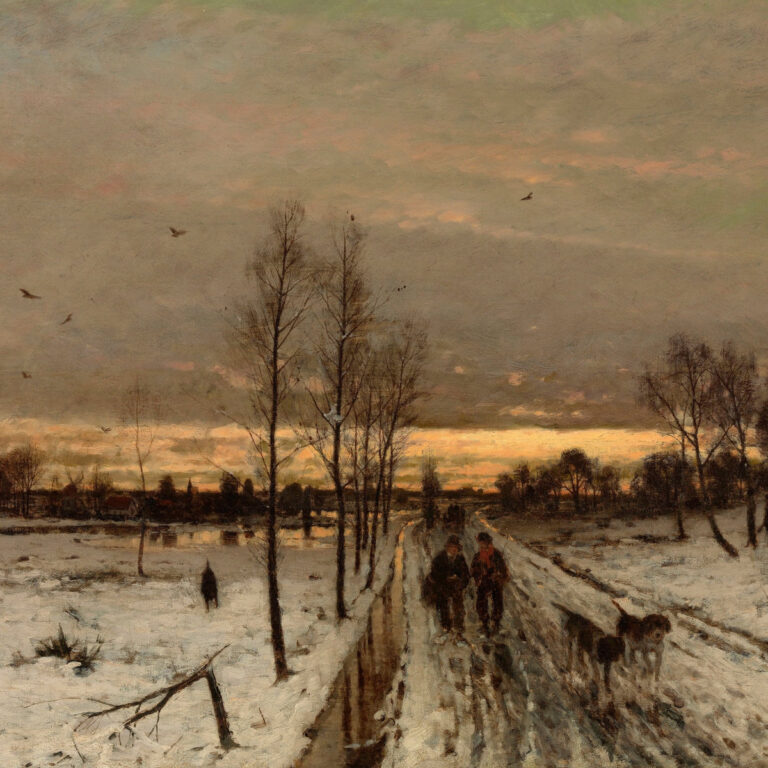 Max García Conover everything in winter - oil painting of a winter day with bare trees and people with dogs in the foreground