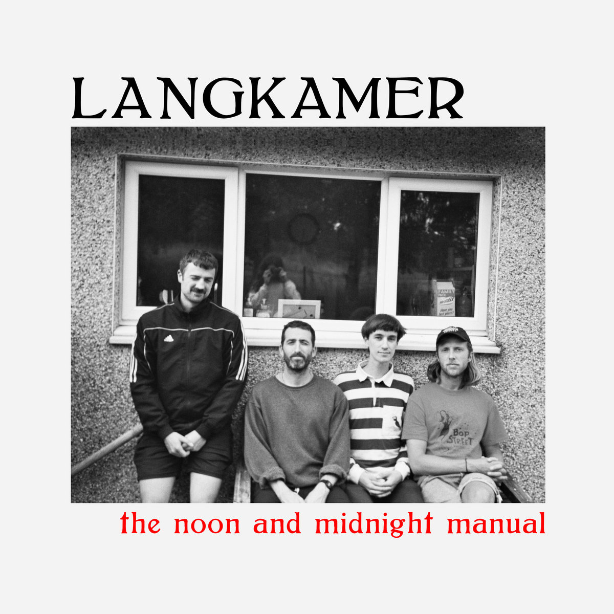 langkamer the noon and midnight manual album cover - black and white photo of four young men outside a house