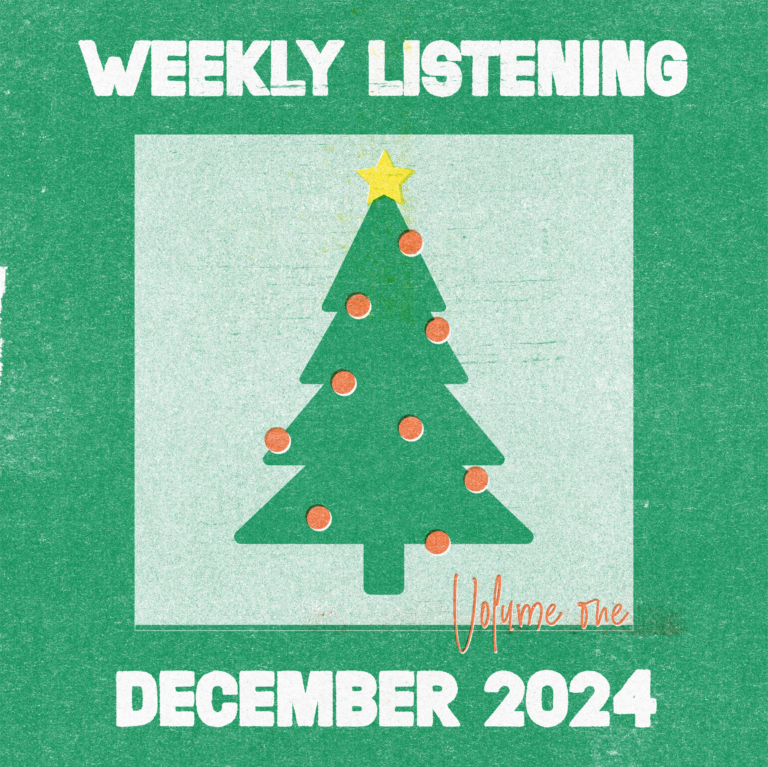 artwork for Weekly Listening 2024 featuring a screen-printed Christmas tree with red baubles.